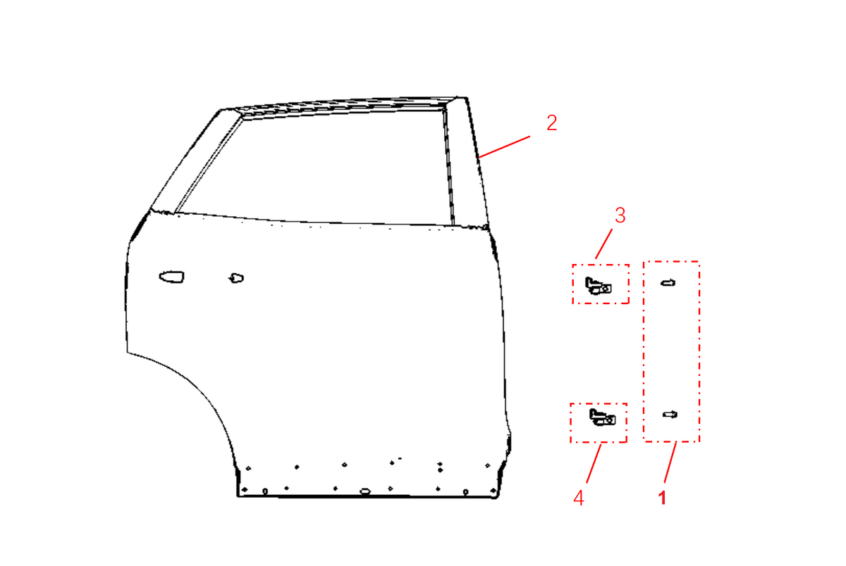 F1F2 - RIGHT REAR DOOR ASSEMBLY (BRIGHT TRIM VERSION)