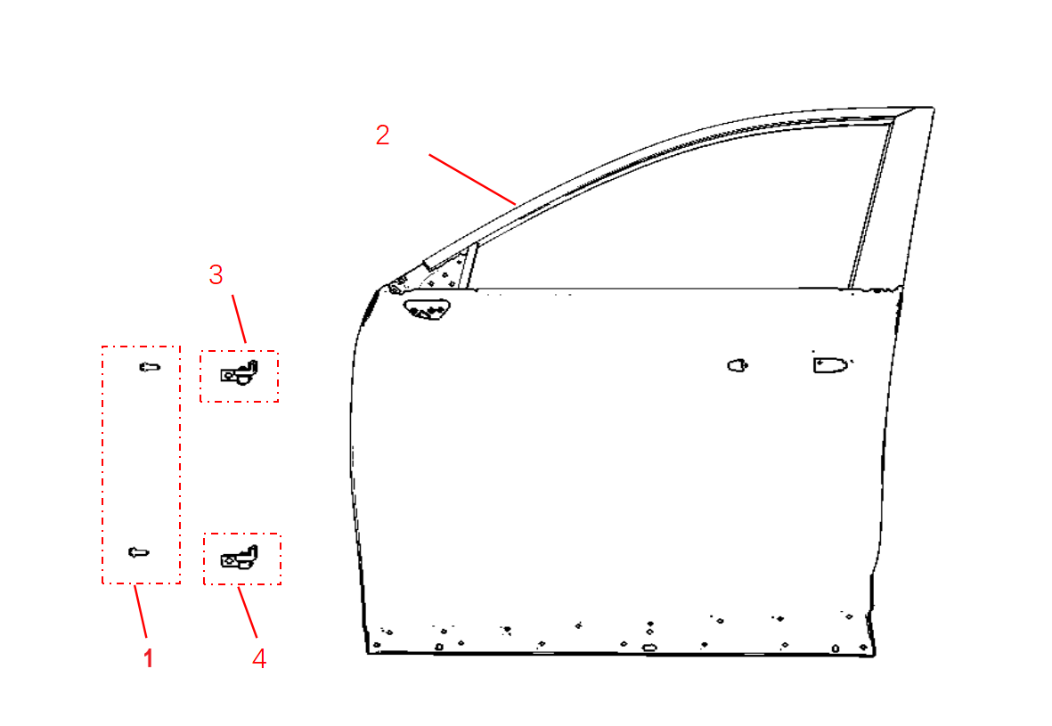 F1F2 - LEFT FRONT DOOR ASSEMBLY (BRIGHT STRIP VERSION)