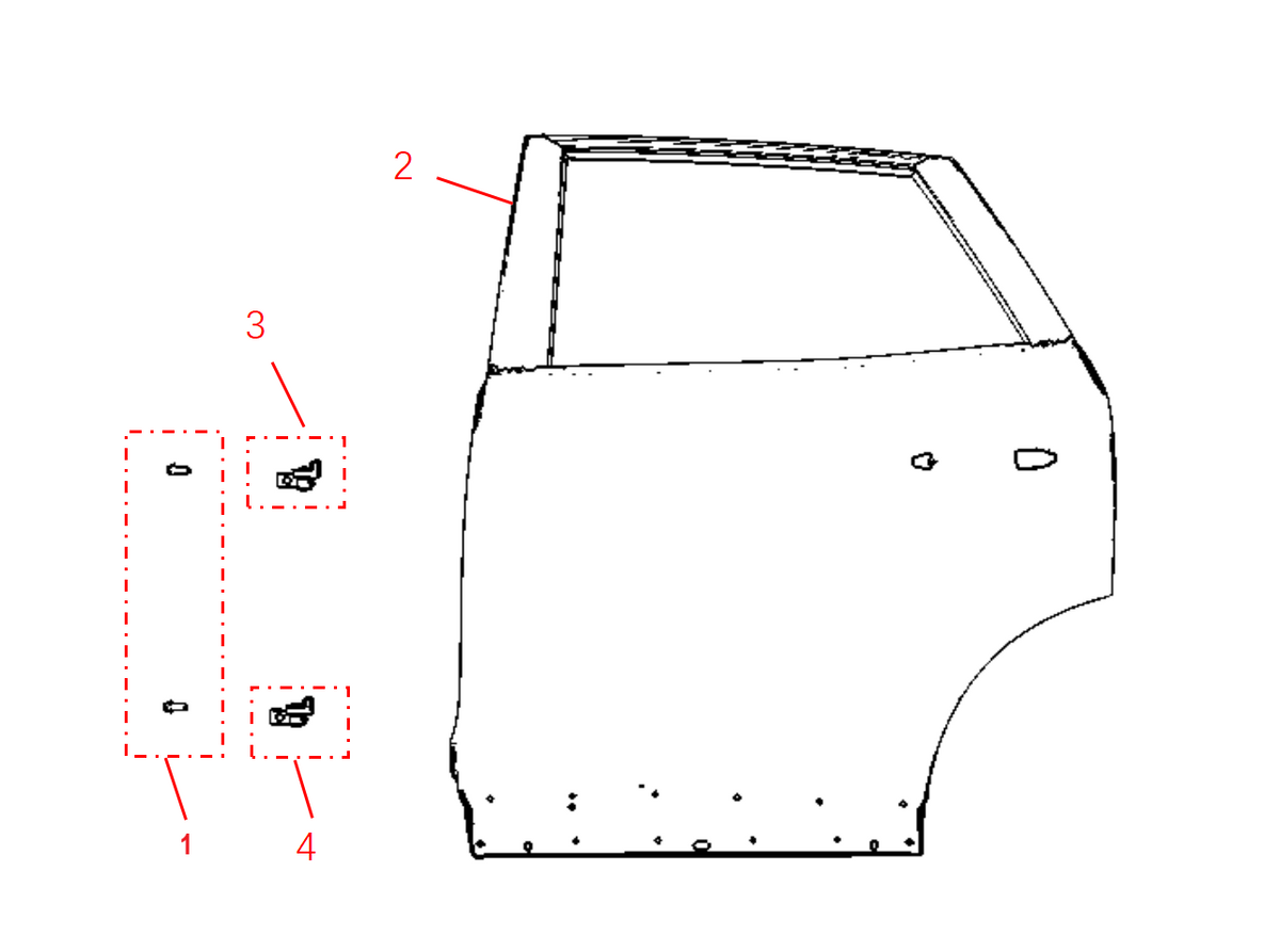 F1F2 - LEFT REAR DOOR ASSEMBLY (BRIGHT TRIM VERSION)